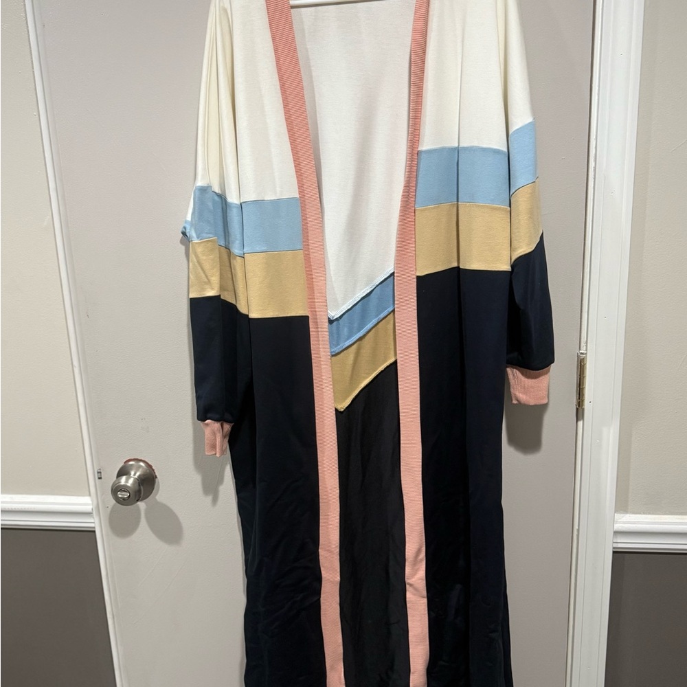 Colorblock Long Open Cardigan - Cream, Blue, Mustard, Navy, Pink Trim